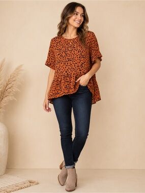 Women’s Leopard Peplum Top Brown Black Large Dress Up Boutique Made In USA Boho